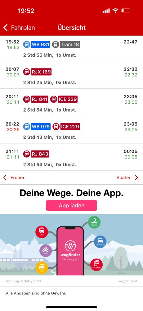 screenshot aus der öbb scotty app mit verbindungen zwischen salzburg und wien