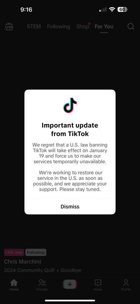 Screenshot from TikTok saying the app is shutting down due to the ban 