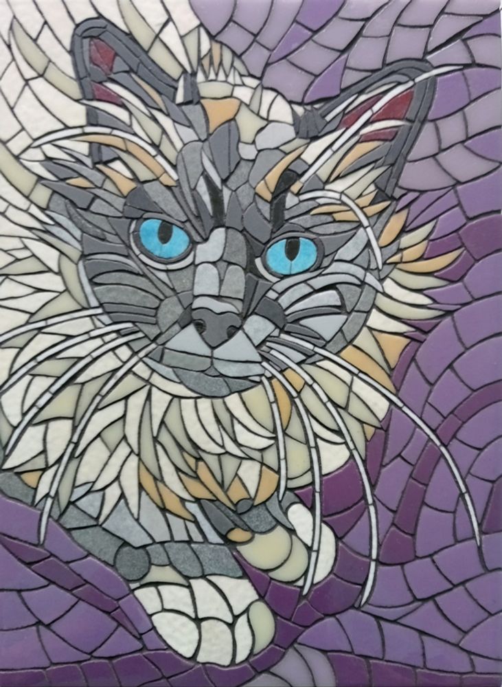 Mosaic of a grey and white cat with large blue eyes. The cat looks up to the viewer and is seated in an abstract lilac and purple background.
