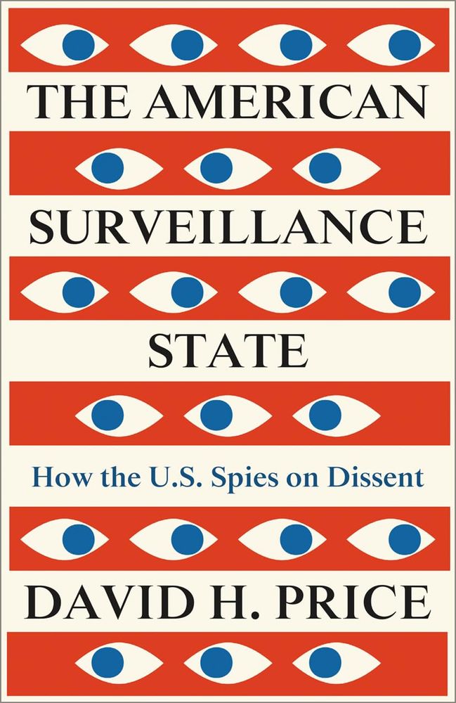 Red, white, and blue book cover with a design of many eyes.