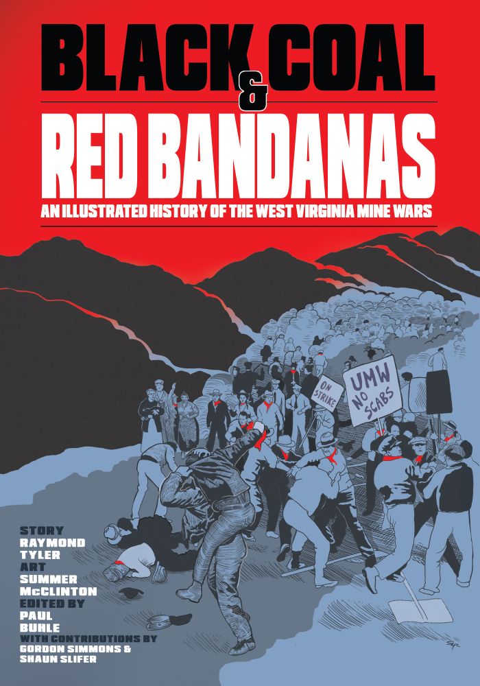 Book cover, showing an illustration of a brawl between strikers and company goons against the backdrop of the Appalachian Mountains