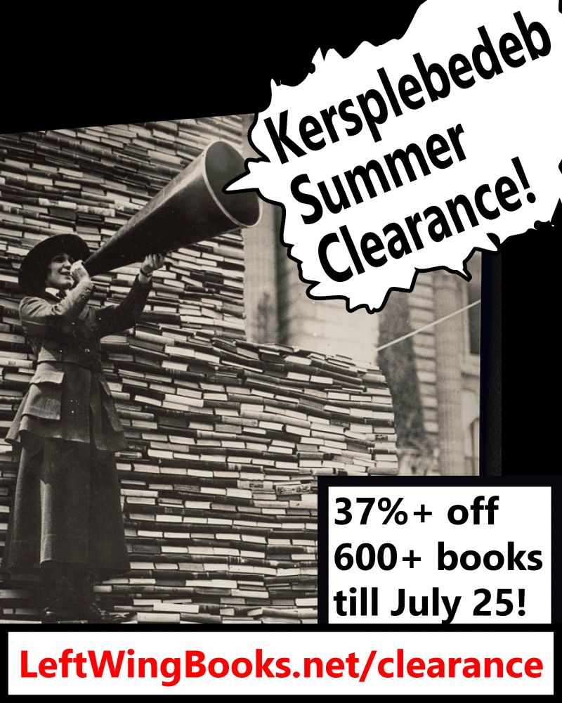 Black and white historical image of a woman in a military uniform standing in front of a very large stack of books, using a megaphone. Overlay with the information in the post.