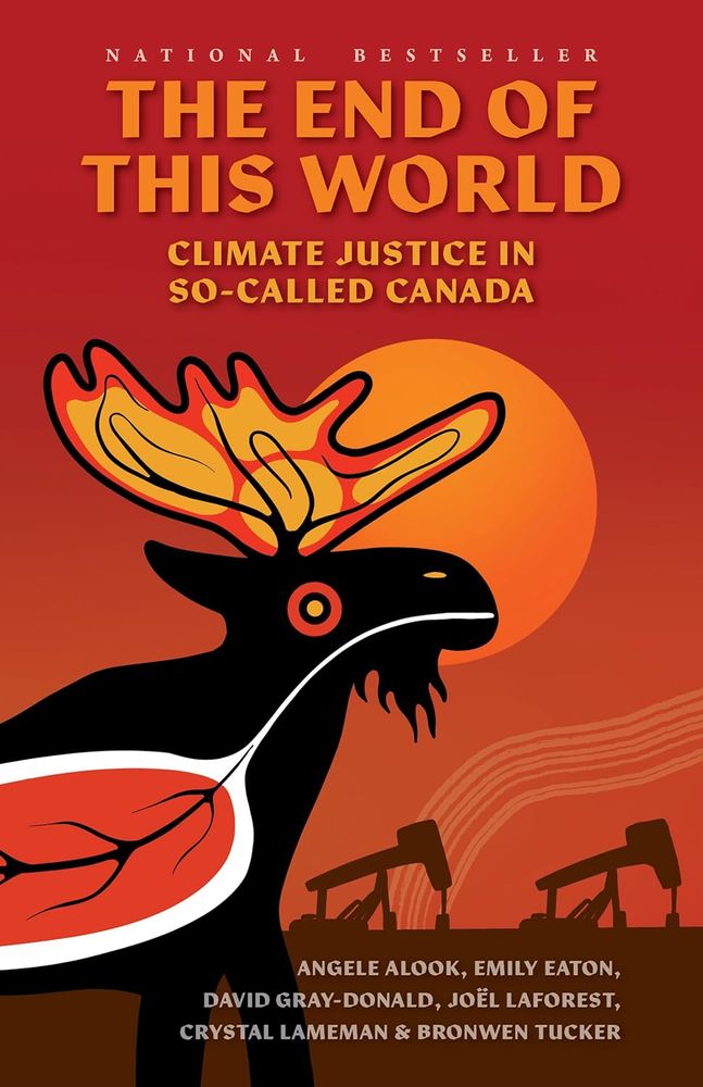 Red book cover with a stylized drawing of a moose against a backdrop of oil wells