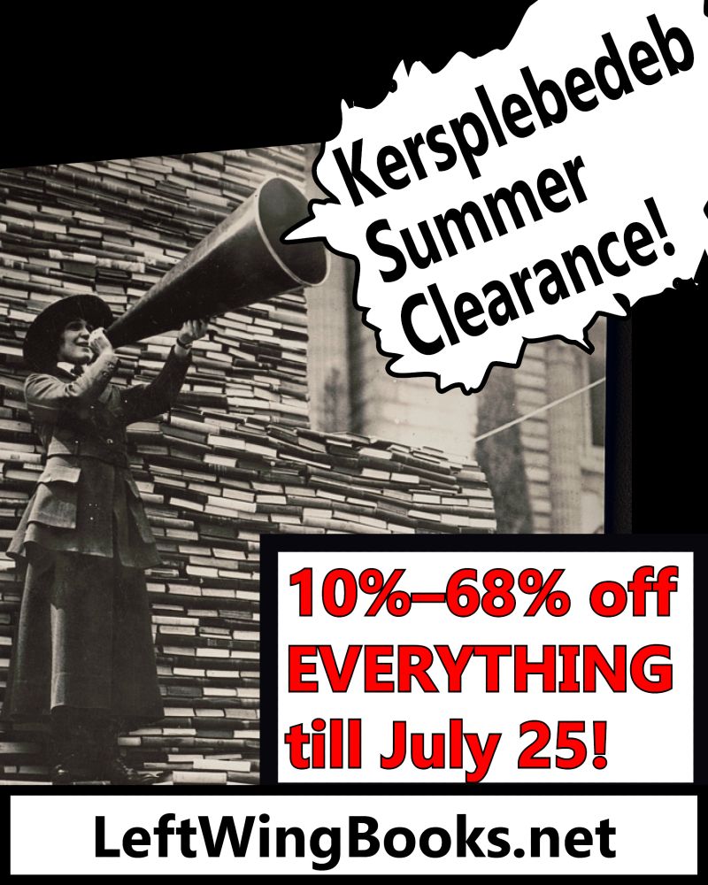 Information from the post overlaid on a historical photograph of a woman in a military uniform using a megaphone in front of a large stack of books