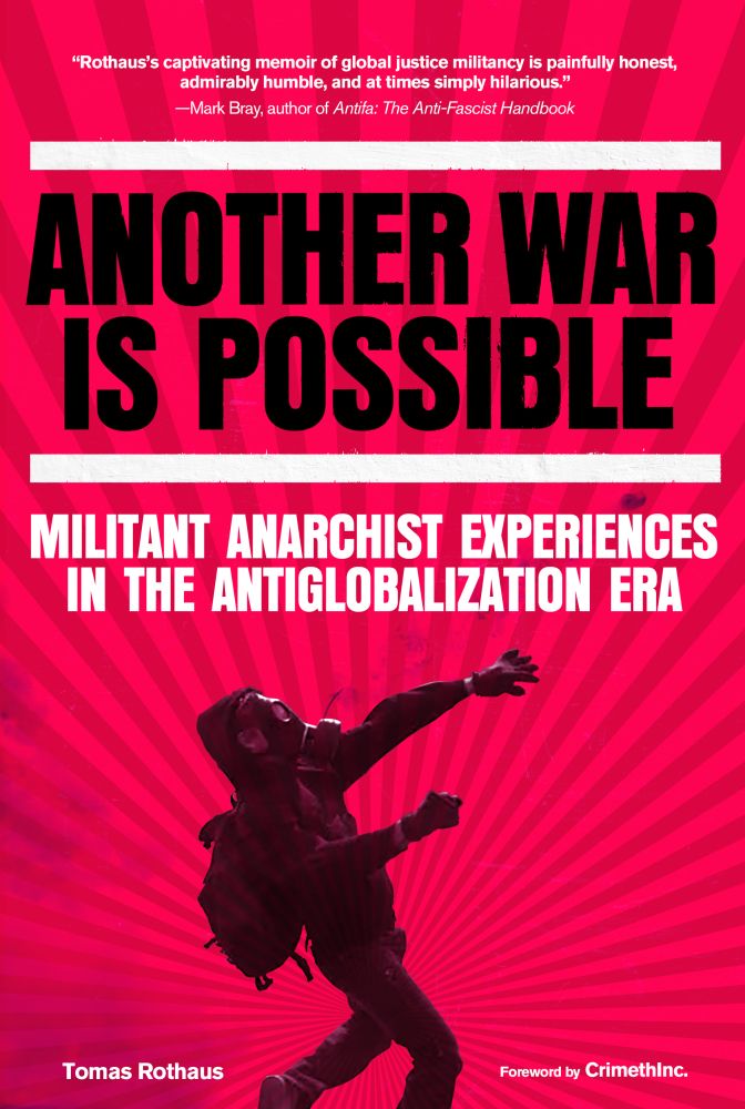 Pink book cover showing an image of a black-clad, demonstrator wearing a gas mask in the middle of throwing something