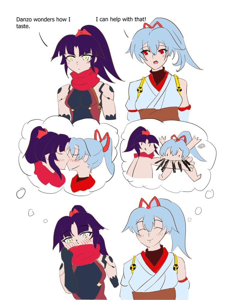 Danzo wonders how she tastes. Tomoe says she can help with that.
Danzo imagines both of them kissing and blushes while thinking of it.
Meanwhile Tomoe imagines biting Danzo's arm and that she tastes like iron, while smiling.