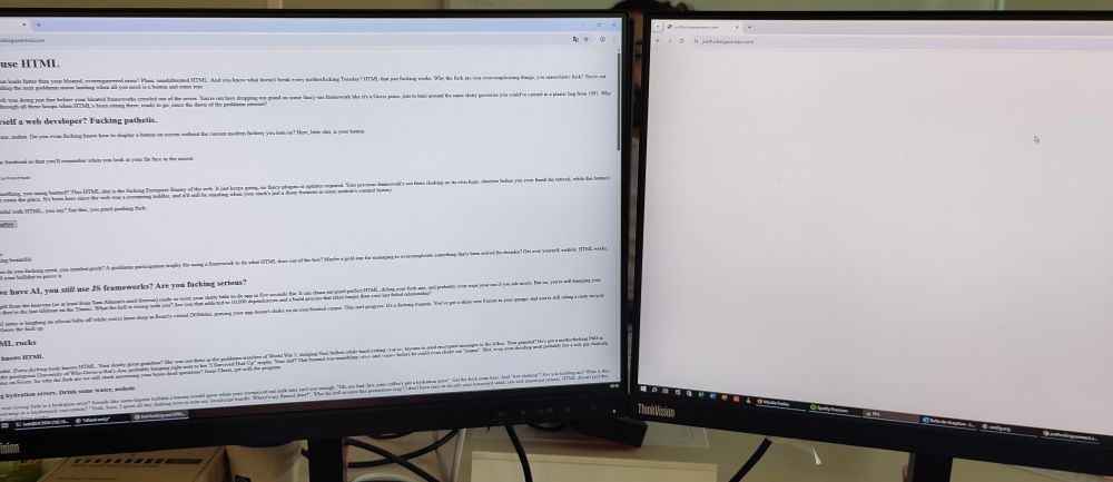 Side by side the websites justfuckingusehtml.com and justfuckingusereact.com. One displays (pure html) and one doesn't (react).