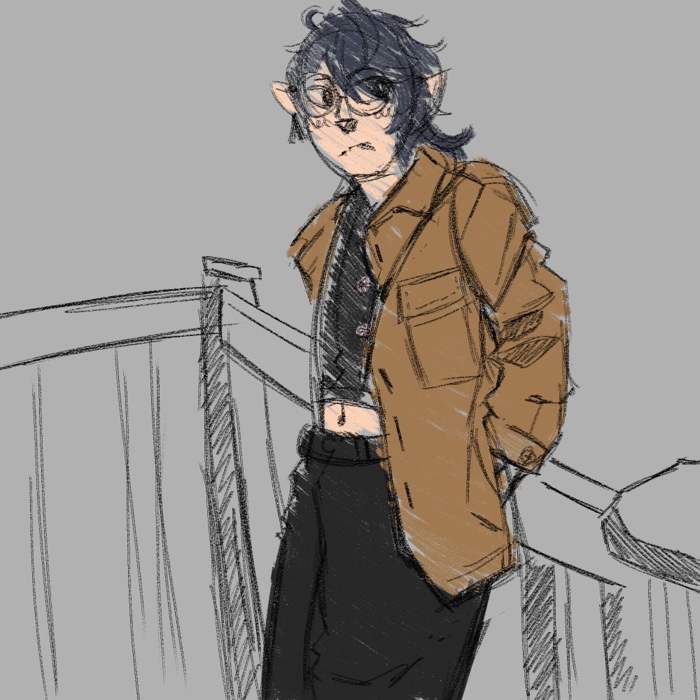 Picture of krowlee leaning against some railing.
It is drawn in a very sketchy manner as well!
Simple eyes, black with some blue in the hair covering their face.
round glasses.
Wearing a black with some small flowers crop top showing a bit of tummy, with high waist black plant. Beige jacket!!!