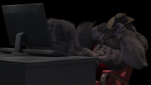 A reaction image of Bronx the Beastman, a musclebound person with brown hide and patches of dark brown fur, a trimmed mane and beard, bestial facial features with two small tusks jutting from his lower lip, and two horns rising from his head. He sits in a office chair, in front of a computer, wearing red athletic briefs. His pose is leaning back in his chair, his fuzzy bear-like feet kicked up on the desk, as he raises a hand and tips forward a brown cowboy hat.
