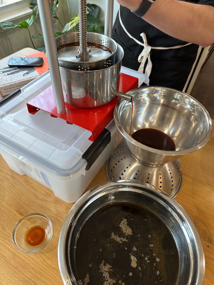 Pressing chicken garum in a small cider press