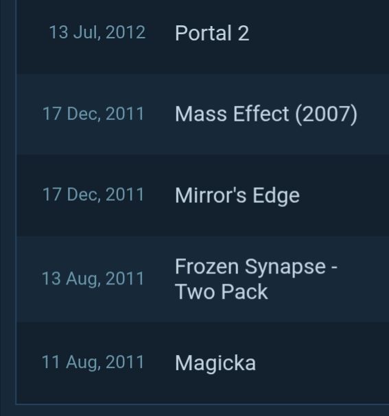 Magicka, Frozen Synapse - Two Pack, Mirror's Edge, Mass Effect, Portal 2