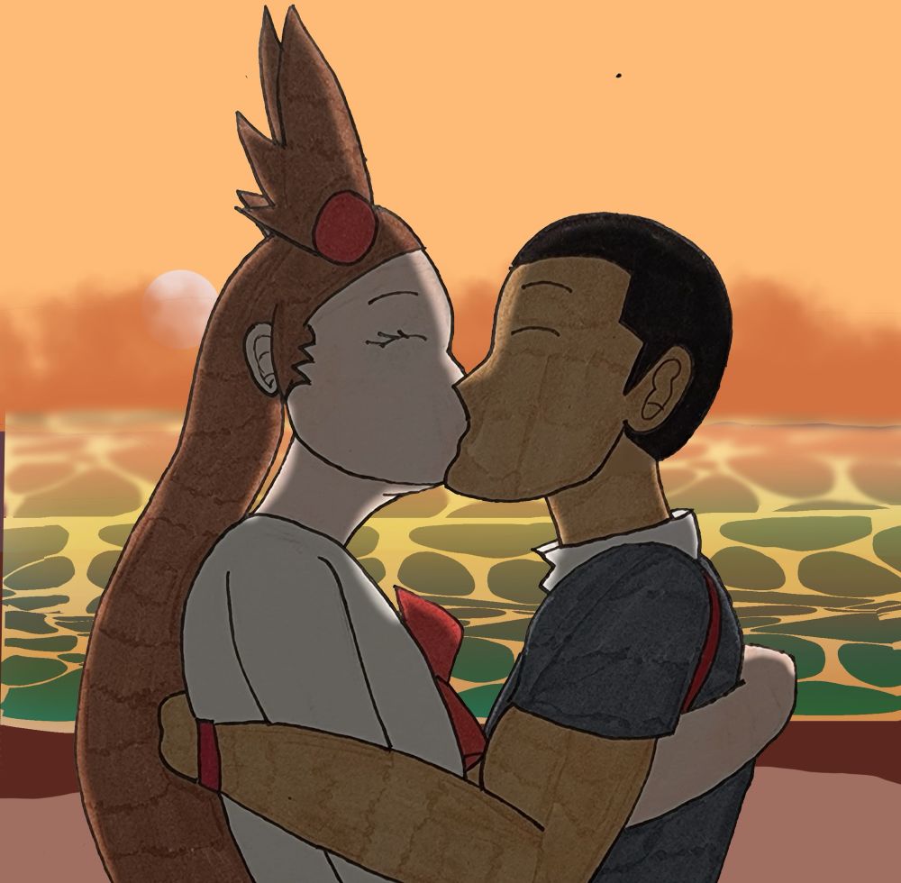 My Pokemon OC Xico and Gym Leader Jasmine kissing at sunset