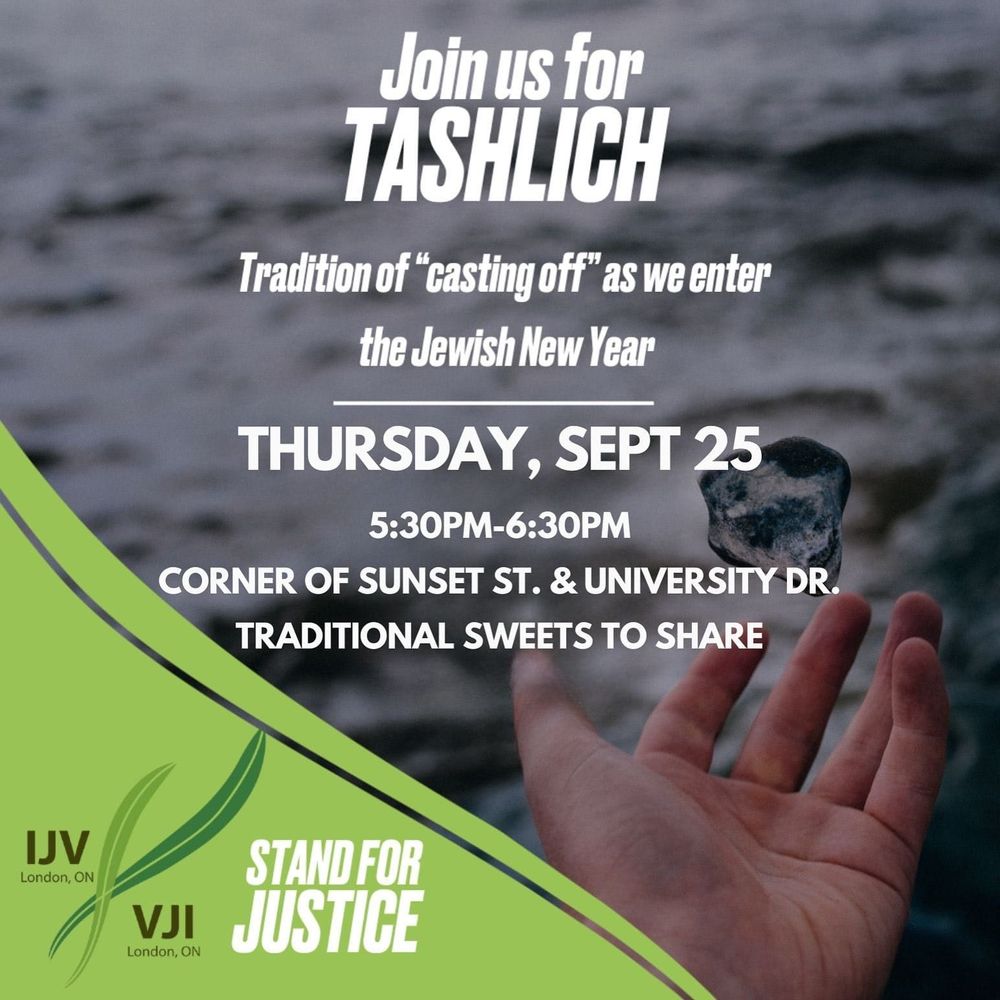 A hand holds a rock above water with text about a Tashlich event on September 25 at 5:30pm at Sunset St. & University Dr. Green banner reads "Stand for Justice."