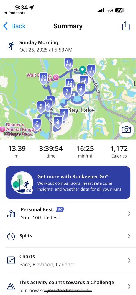 Photo of Runkeeper app with course map and finish time of 13.39 in 3:39:54