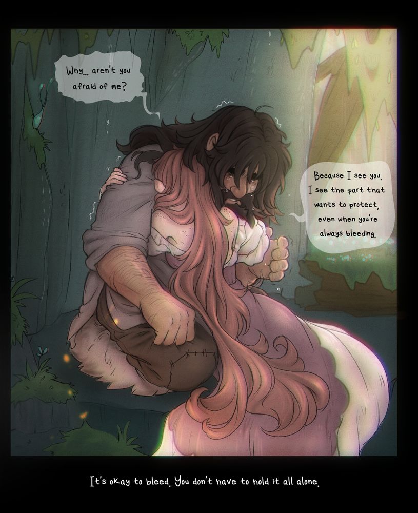 Boru and Leanna are now slouched in a sad embrace. He says "Why aren't you afraid of me?" 
Leanna, hugging and supporting some of his weight, responds, "Because I see you. I see the part that wants to protect, even when you're always bleeding." It's okay to bleed. You don't have to hold it all alone."
