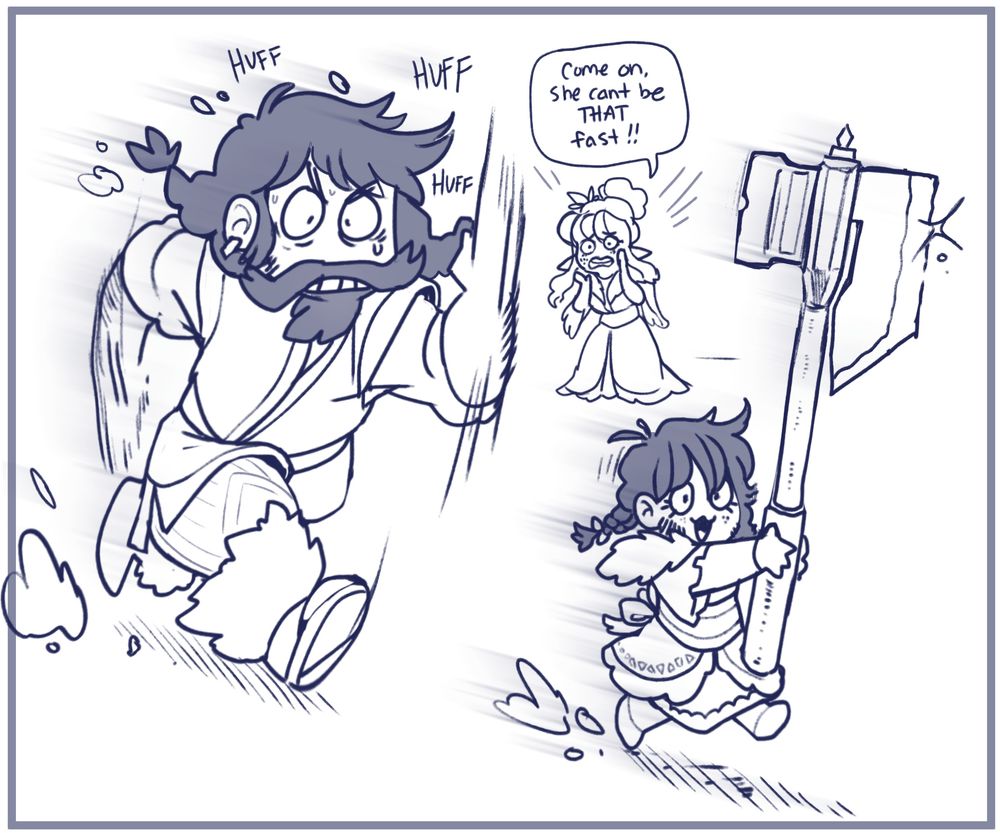 Myrra is an escape artist and very strong.
"Come on, she can't be THAT fast!" as Bofur chases her full speed, her holding a giant axe in her hand