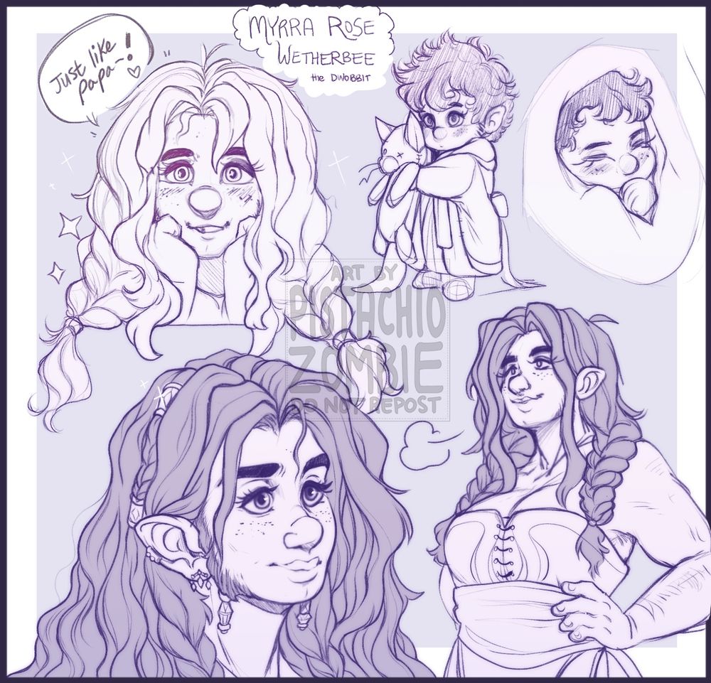 Myrra, Bofur and Leanna's only child (they would have 34 but leanna almost frickin dies)
She is a perfect mixture between Bofur and Leanna, with his dark hair, her aqua-green eyes, with a hint of dwarvish sideburns. Strong and confident.