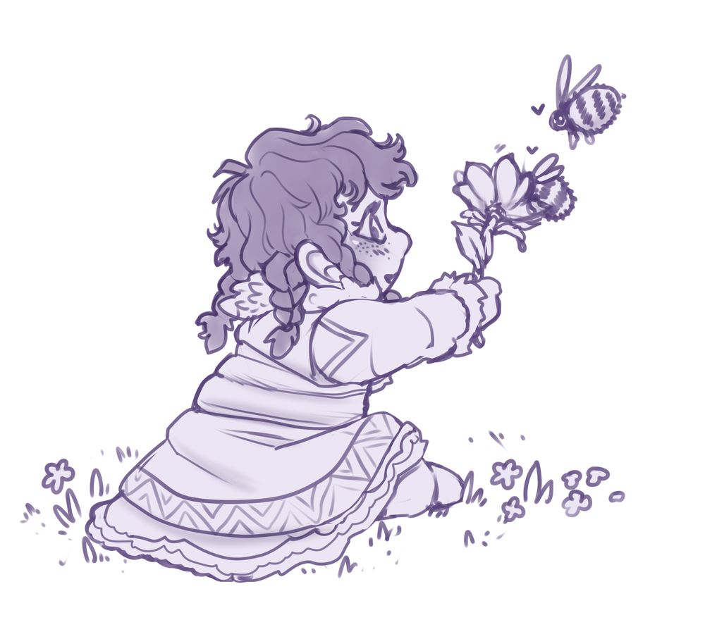 Myrra holding up a flower for some fat bees.