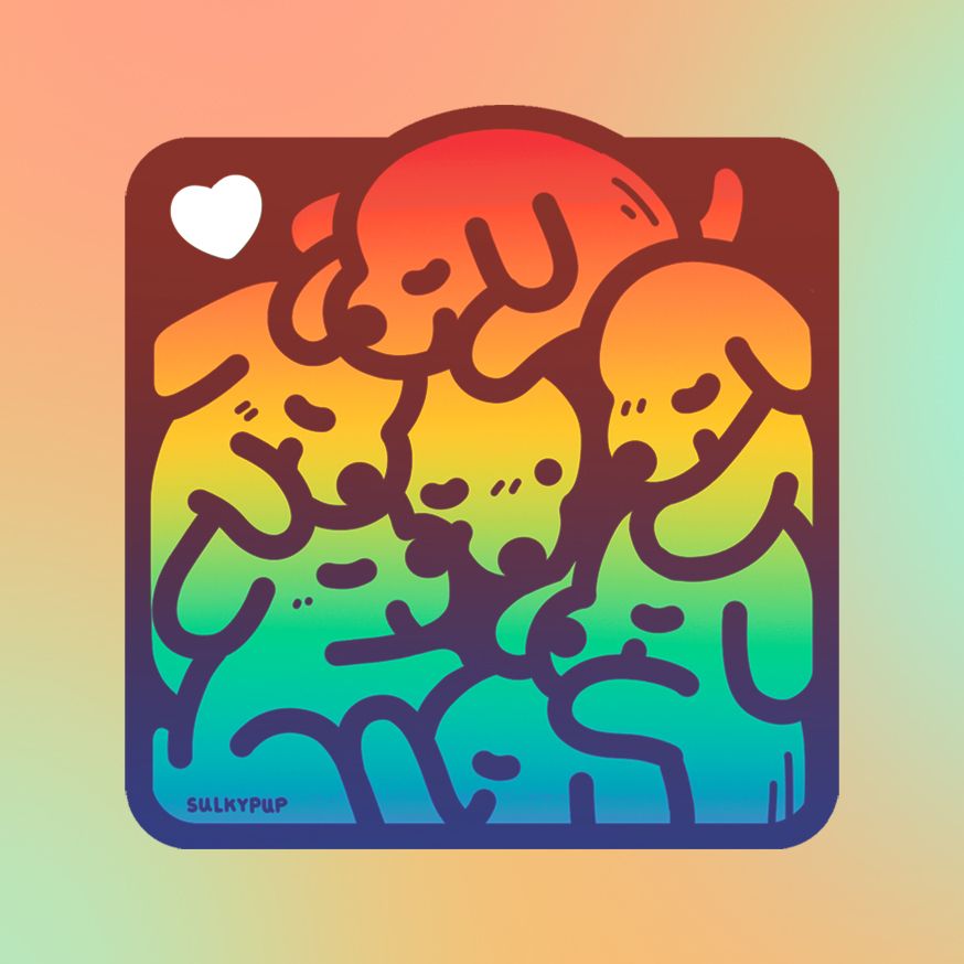 A graphic design of rainbow dogs, hugging and holding each other in a puppy pile. The design is overlayed on a pastel, rainbow background.