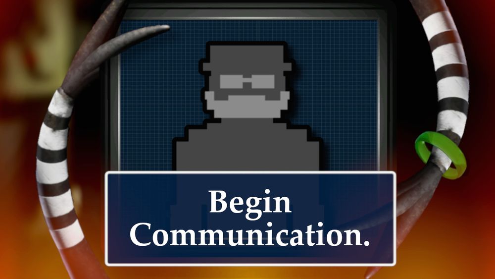 A monitor displays a pixelated sprite of a monochrome man. Snake-like arms lined with black and white stripes wrap around the monitor. One arm adorns a green bracelet. A faint orange gradient emerges from the bottom of the screen, indicating fire. The background is a blurred screenshot of the office from FNaF 6. A text box is superimposed -- it reads: "Begin communication". 