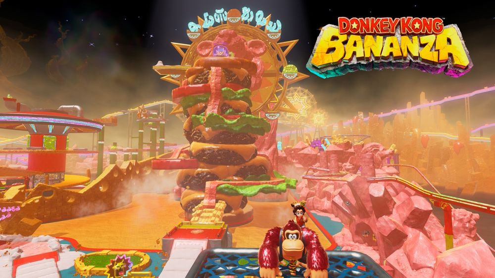 Donkey Kong and Pauline on Feast Layer (SL1400) of Donkey Kong Bananza, standing in front of a massive cheeseburger tower.