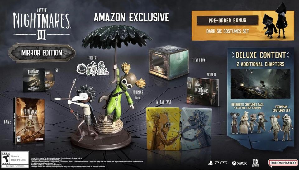 Everything included with Little Nightmares 3 mirror edition: game, steelbook case, soundtrack, art book, small figurine of the two protagonists