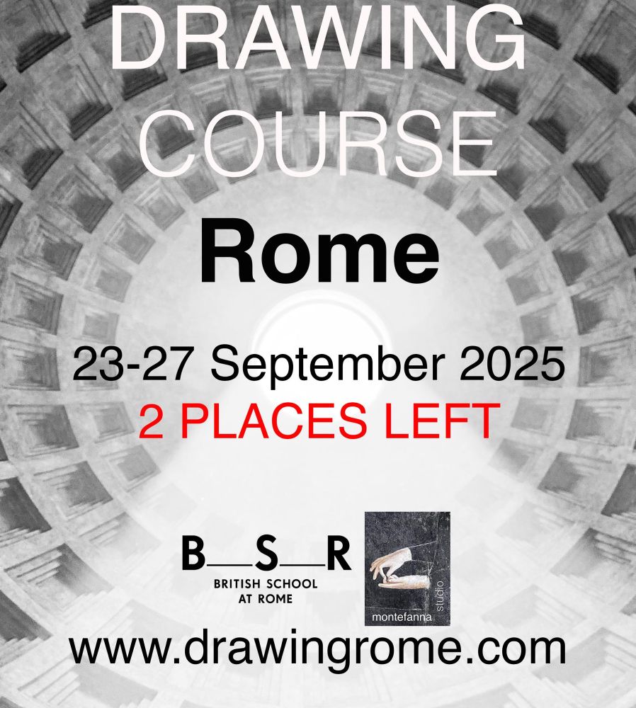 Advertisement of drawing course “Drawing Rome”, against a black and white background of the ceiling of the Pantheon