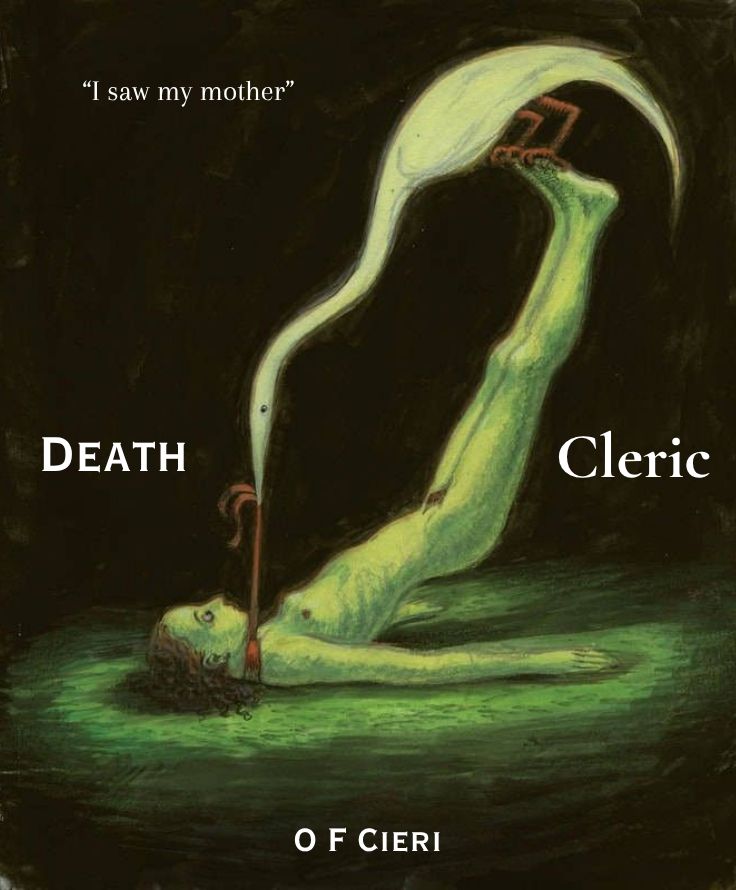 A boy lies on the ground, being pecked apart by a white bird. The caption reads: I saw my mother. DEATH CLERIC.