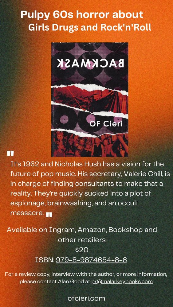 The sell sheet fir BACKMASK by o f cueri with blurb and isbn