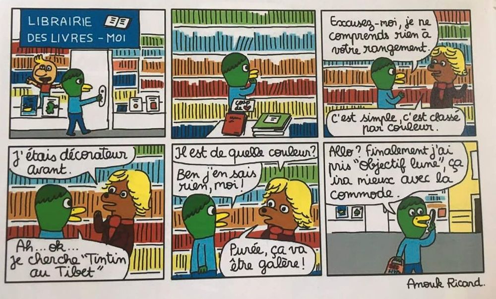 Une BD d'Anouk Ricard où un client entre dans une librairie pour trouver un lire dont il a oublié le nom, et fini par choisir un album dont les couleurs sont harmonieuses avec ses meubles.