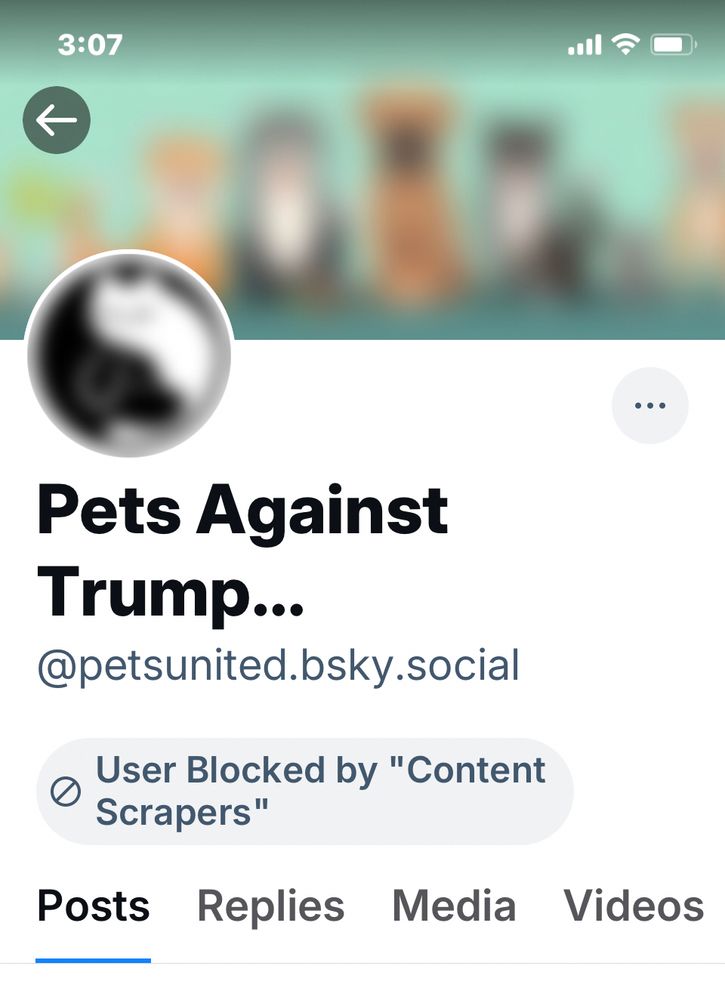 Bluesky @petsunited account shown “blocked by ‘content scrapers.’”