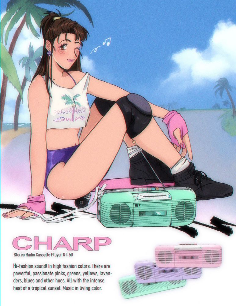 Digital drawing of a parody magazine ad. My oc Juniper is sitting on her penny board at the beach with her CHARP radio cassette player. Based on the SHARP radio cassette player.