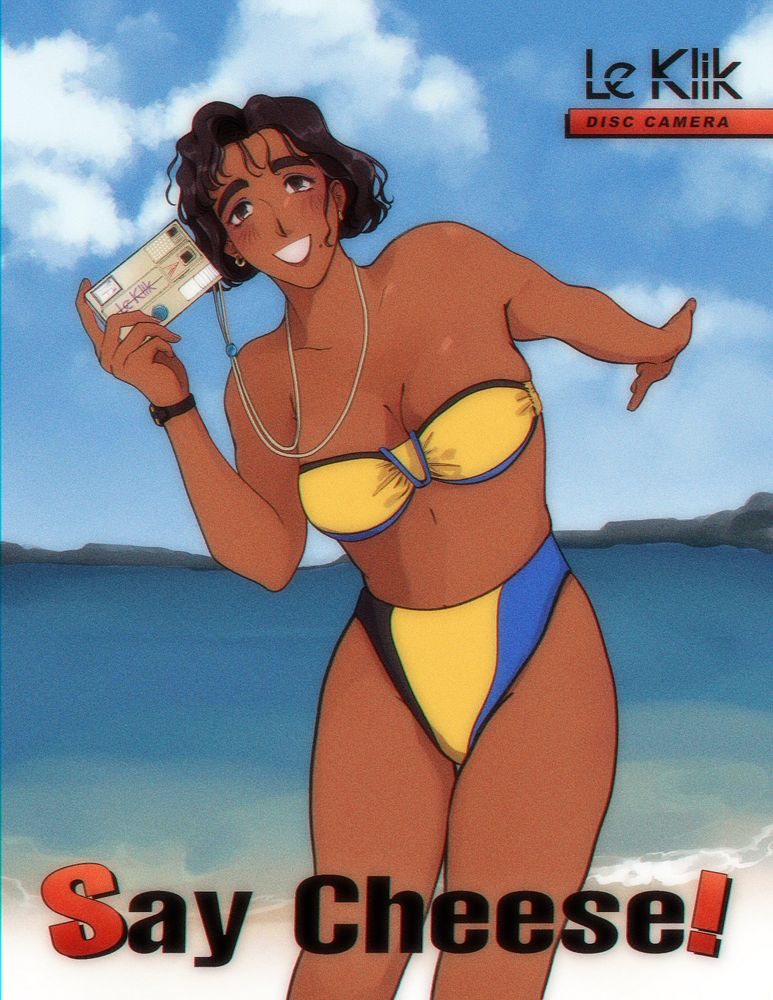 Digital drawing of a parody magazine ad based on the old camera "Le Clic". My oc Sai is playfully about to take a photo at the beach with her Le Klik