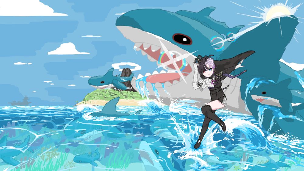 Rin Penrose (John Vtuber) jumping into the ocean right foot first while holding onto her crown as 11 Blahaj are in the background diving in and out of the water. There is an island with a volcano in the distance and an aircraft carrier on the horizon.