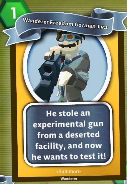 Card for "Wanderer Freedom Gorman" showing a man wearing a coat and goggles on his forehead, aiming with a gun. Card description: "He stole an experimental gun from a deserted facility, and now he wants to test it!"