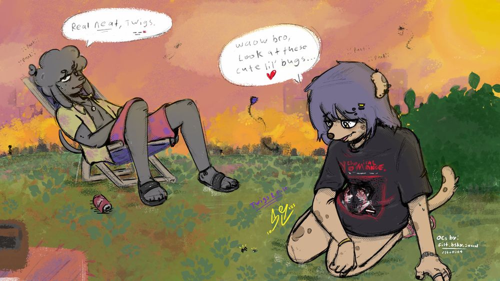 Art of @filt.bsky.social's characters Twigs and Filt sitting together enjoying a hot summer day. Twigs says, "Waow bro, look at these cute lil' bugs..." and Filt replies sarcastically with, "Real neat, Twigs." People fly kites and enjoy walks through the park in the background. 
