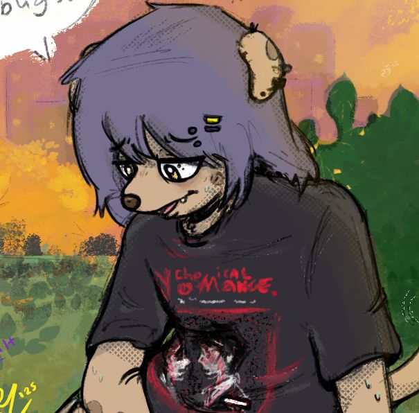 A closeup of Filt's oc Twigs. To keep cool, they're wearing nothing but their usual comfy MCR shirt and some pink sandals. 