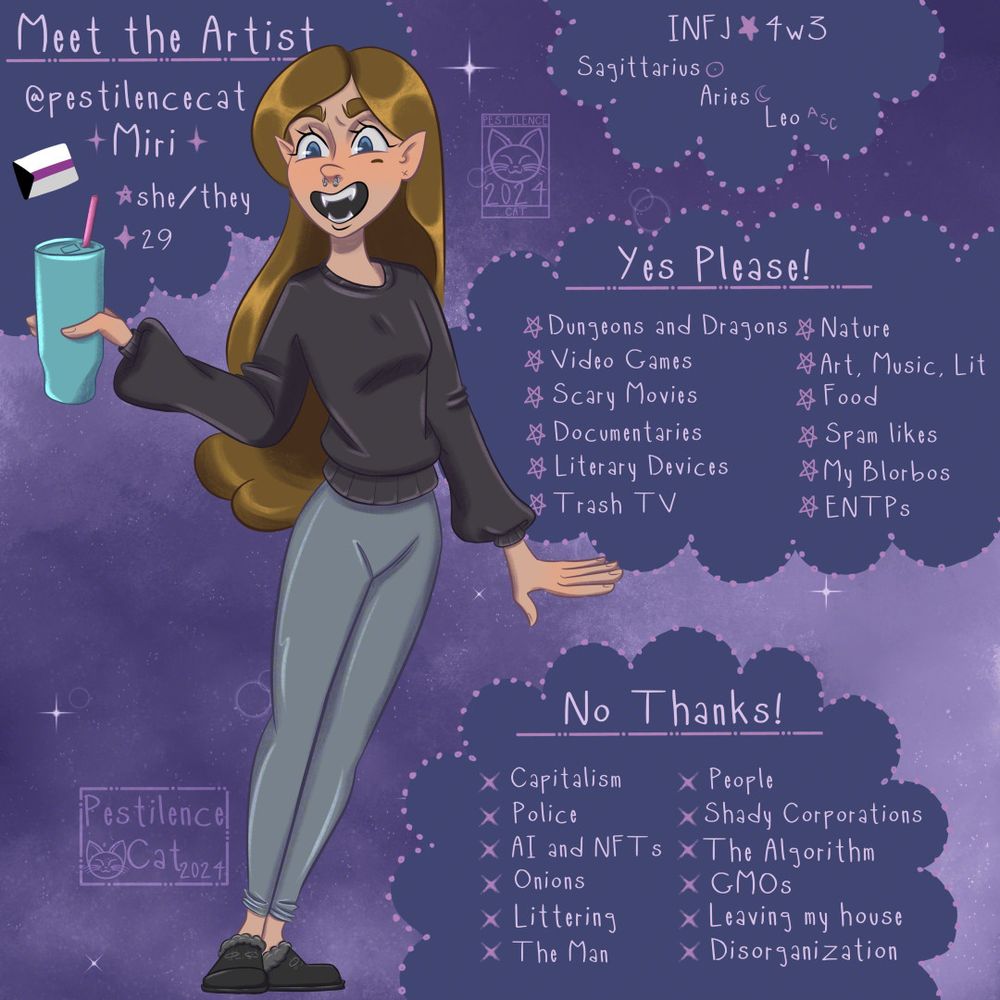 A stylized self portrait of the artist PestilceCat as a vampire. Cloud-shaped bubbles of information about her fill the page in front of a purple space themed back drop.
