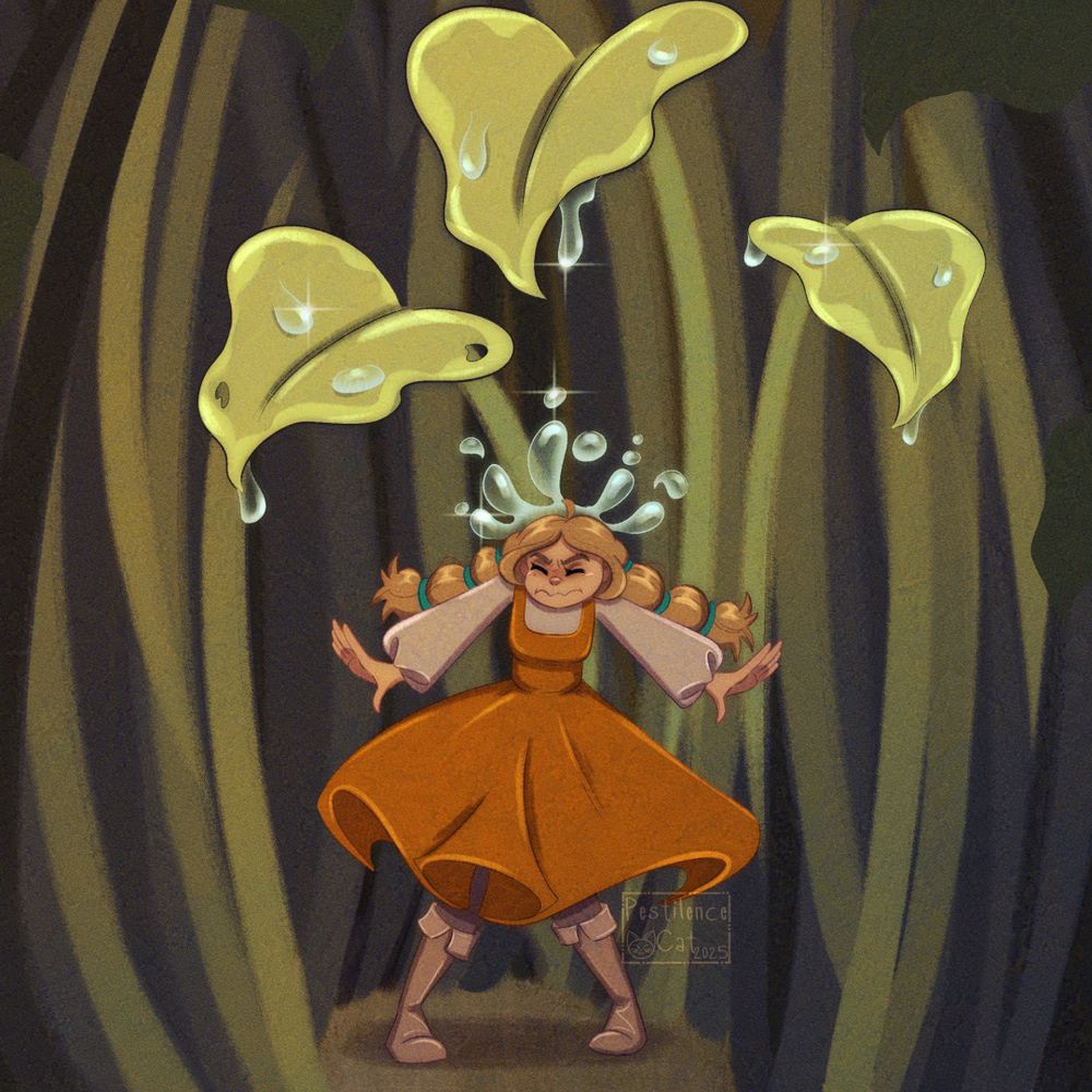 A large droplet of dew falls off a leaf and lands on a disgruntled young woman walking underneath.