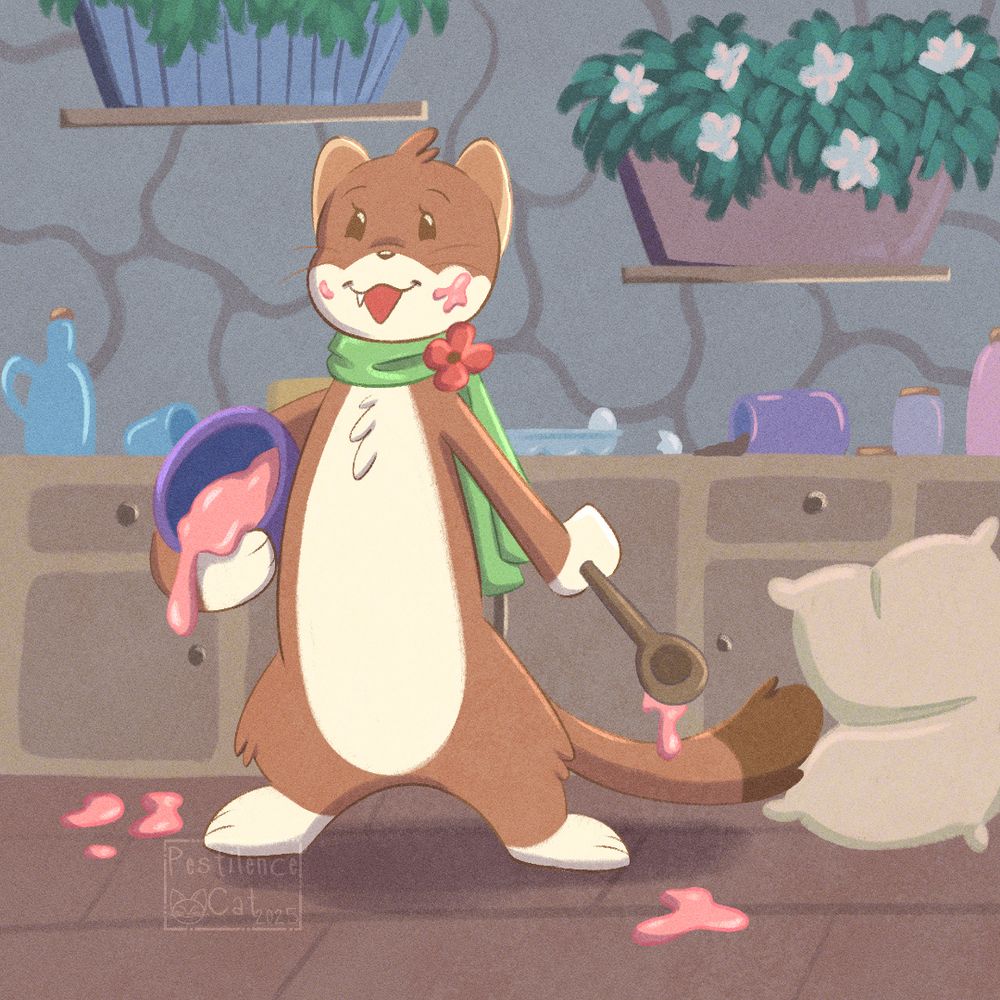 A stoat wearing a green scarf with a poppy flower pin standing in a messy kitchen cradling a dripping bowl in one paw, and holding a spoon with the other.