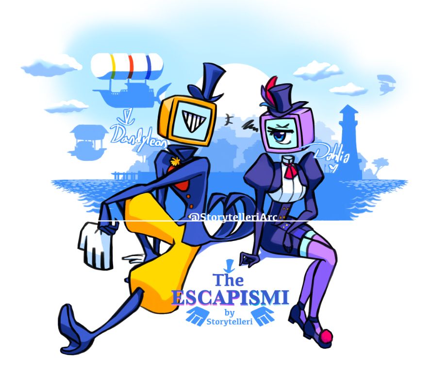 Dandyleon and Dahlia are tv object head siblings. Dandyleon is yellow tv-head, wearing a small top-hat, dandelion flower and red scarf on his collar. His physique is very slim. His jacket is dark blue, pants are yellow, and high-heel boots are also dark blue. Dandyleon has gloves that are flat and square shaped. Dandyleon has mouth in screen that grins in shape of triangle.
Dahlia is purple tv-head with blue eye in the screen. She wears a top-hat, with colourful feathers attached. She wears white shirt, with red ribbon on neck. Her physique is very slim, wearing dark blue jacket with puffy shoulder pads, and dark blue skirt. She has purple stockings, dark blue shoes with red round tassels at the tips. She looks annoyed at her carefree brother.
Behind the siblings is a coastal city during daylight, and Dandyleon's airship called "The Escapismi".