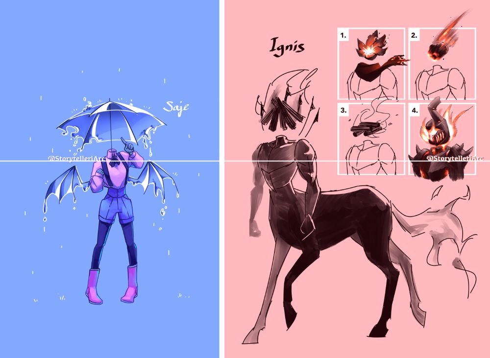 Saje again on the left, and on the right is sketch ideas for object head centaur named Ignis, with various head designs, such as: 1. fire flower, 2. meteorite, 3. bonfire, 4. flaming iron stove.