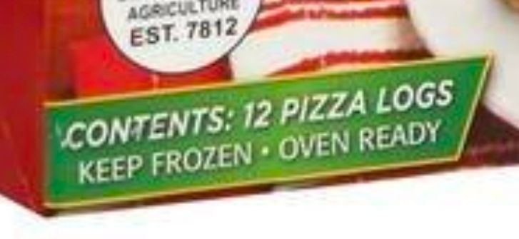 Close-up of the box corner: "Contents: 12 pizza logs"