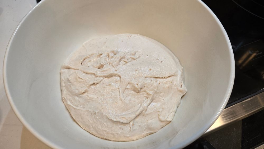Bread dough in a wide bowl, ready to rise