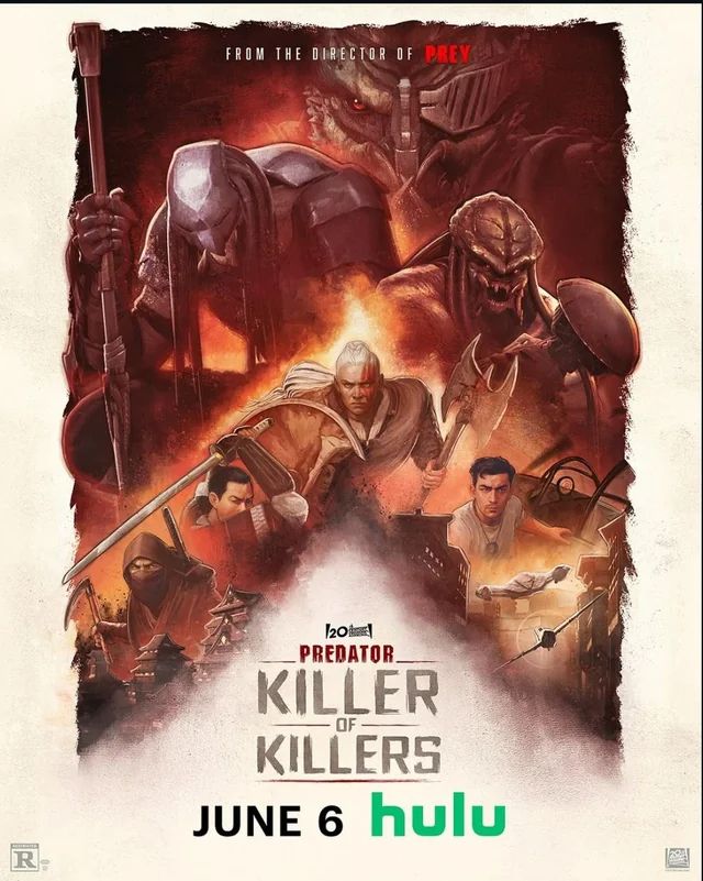 Predator: Killer of Killers poster. It depicts the 3 Predators that was shown in the film across multiple periods (Viking age, Feudal Japan, World War 2). The main protagonists across the periods are depicted as well (A female Viking warrior, A male ninja, and a male mechanic/pilot)  