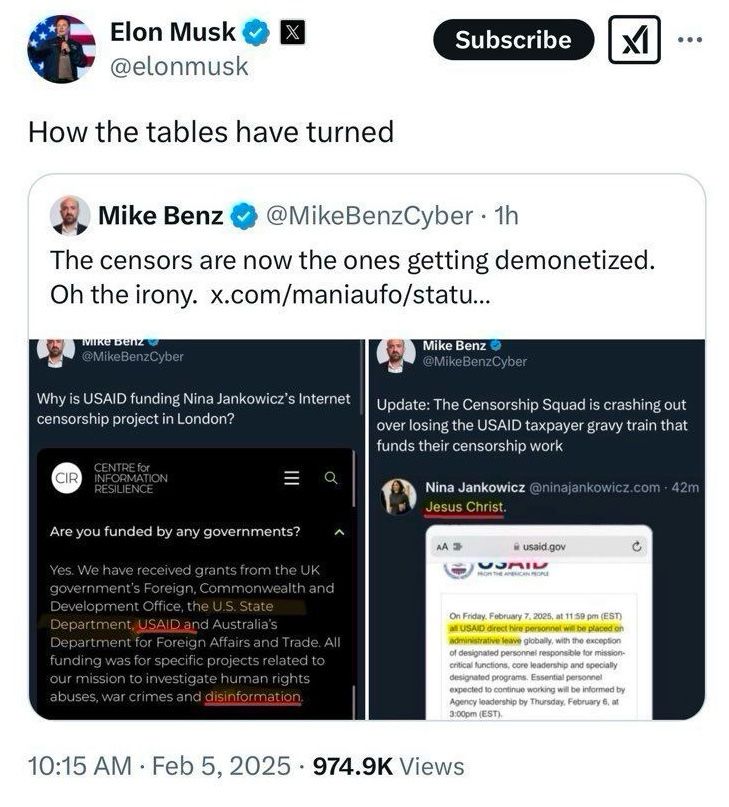 Grifter Mike Benz shares falsehoods about Nina Jankowicz's work.
In one screenshot, he falsely claims she runs "an internet censorship project in london." In the second screenshot, Benz, who obsessively checks Jankowicz's bluesky feed, posted a screenshot of her reaction to USAID's illegal shutdown by Elon Musk. Both screenshots are posted with the commentary "Update: The Censorship Squad is crashing out over losing the USAID taxpayer gravy train that funds their censorship work." Elon Musk retweets Benz, writing "How the tables have turned."