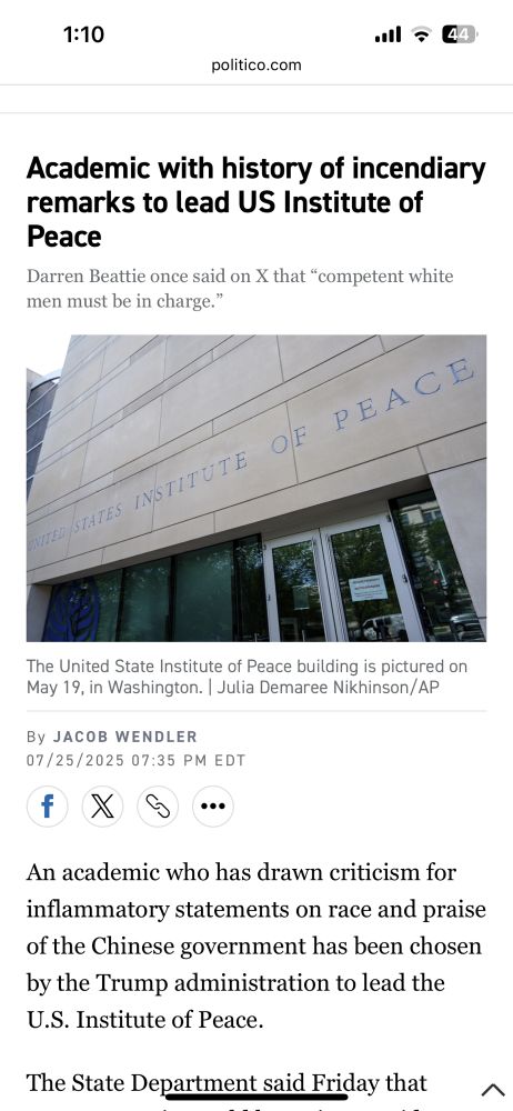Politico screenshot 
Academic with history of incendiary remarks to lead US Institute of Peace
Darren Beattie once said on X that “competent white men must be in charge.”
