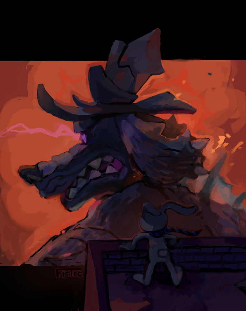 sam and max characters. sam is 60-foot tall looking to his left with max on top of the nearby building looking at him. red clouds formed from explosions contrast with the cool shadows of sam cast over max