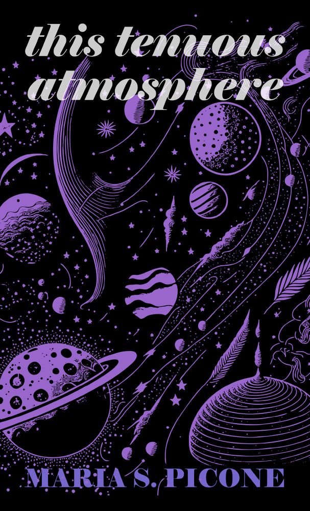 a book cover for this tenuous atmosphere, black with purple stars and planets