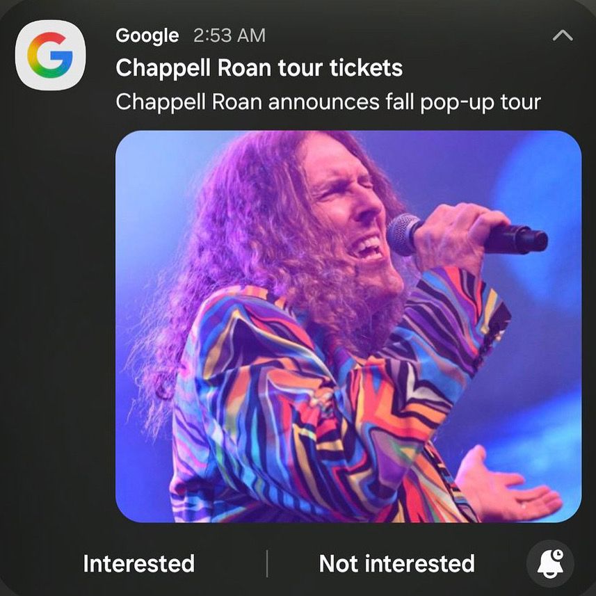 A Google alert announces Chappell Roan concert tickets, but the image is of Weird Al